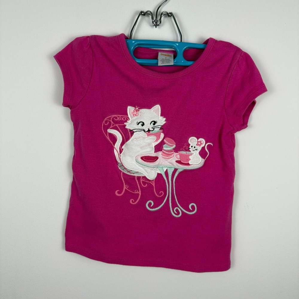 ✨ 3 for $15 Gymboree Girls Fuchsia Pink Cat Mouse Embroidered T-Shirt Size 6